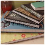 From bottom to top:

- squares journal
- trashbook
- idealog: creative ideas/notes/etc
- notes from/about videos I watch
- Things to Be Happy About notebook
- samples of the insides of patterned envelopes I get in the mail - 2025 08 07